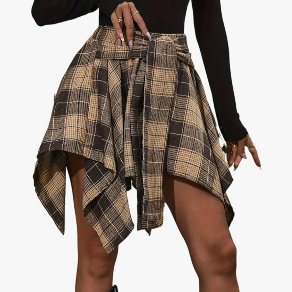 Women's Plaid Skirts High Waisted Tie Front Skirt ,Asymmetrical Casual Skirt